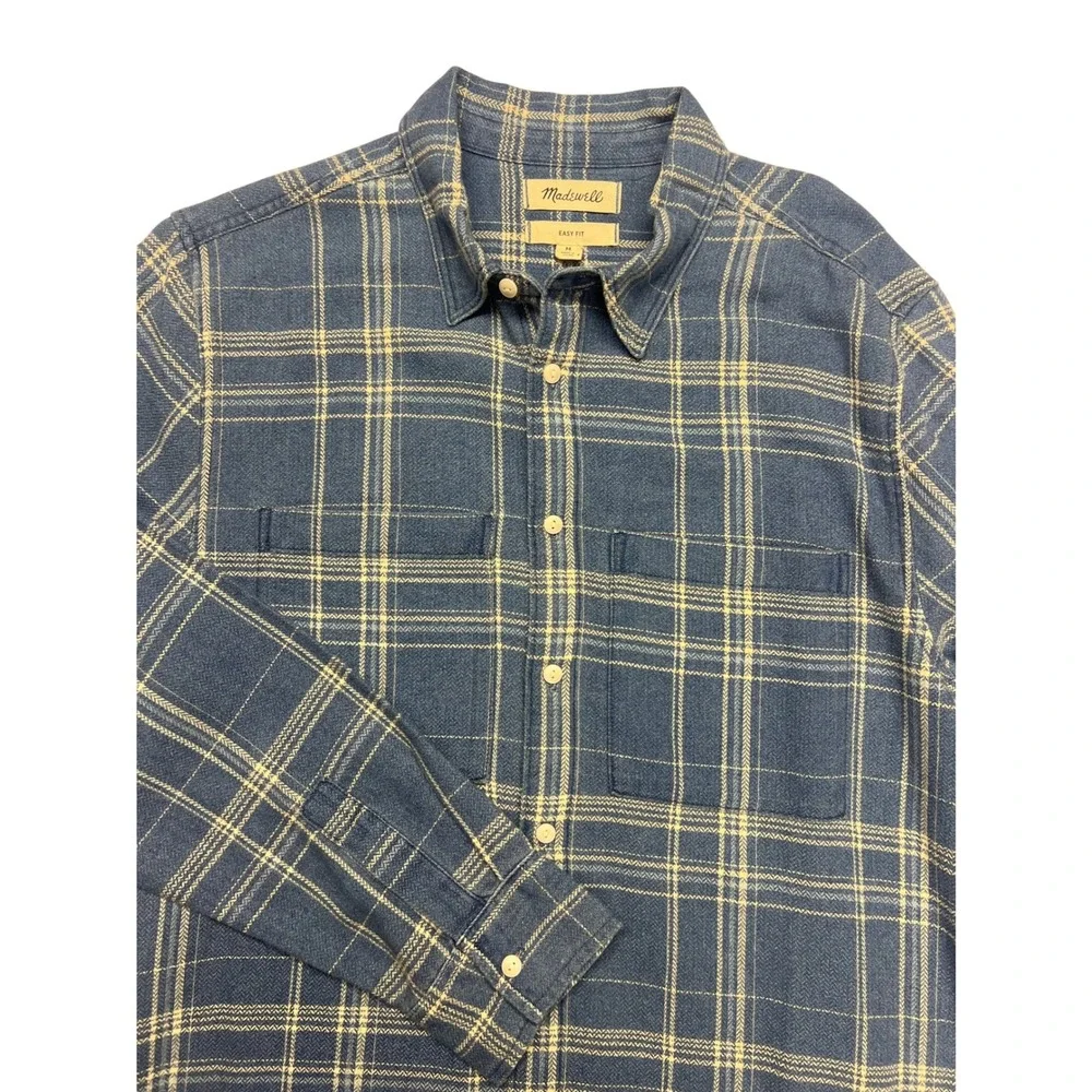 NWT Madewell Mens Blue Plaid Easy Fit Long Sleeve Flannel Shirt M Indigo Granola - Picture 2 of 12